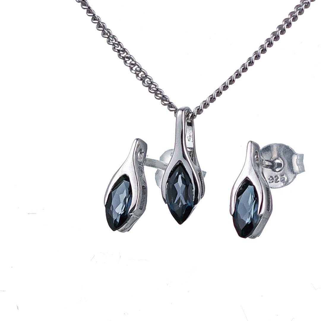 London Blue Topaz Set Necklace Earrings Sterling Silver Studs Minimalist Marquise