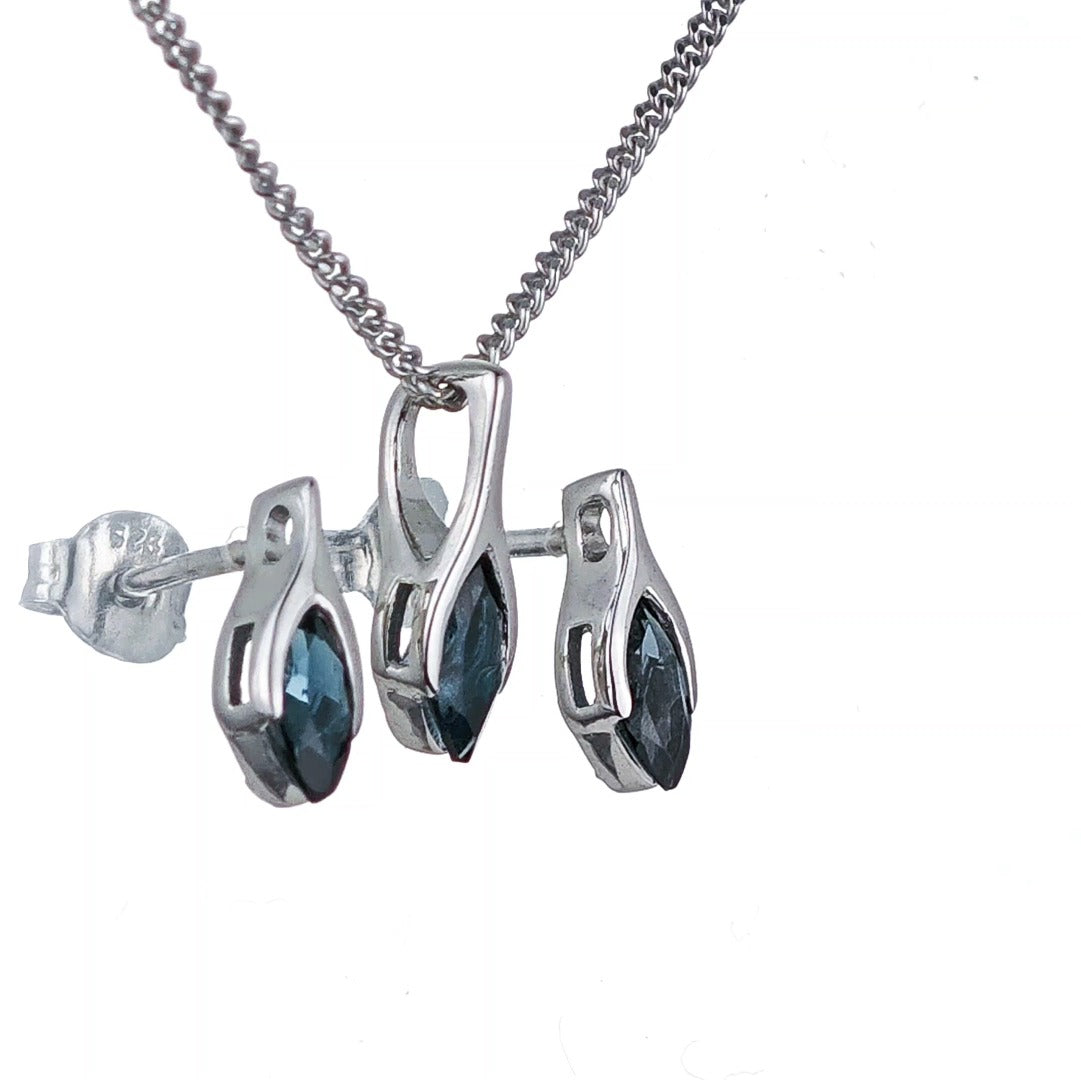 London Blue Topaz Set Necklace Earrings Sterling Silver Studs Minimalist Marquise