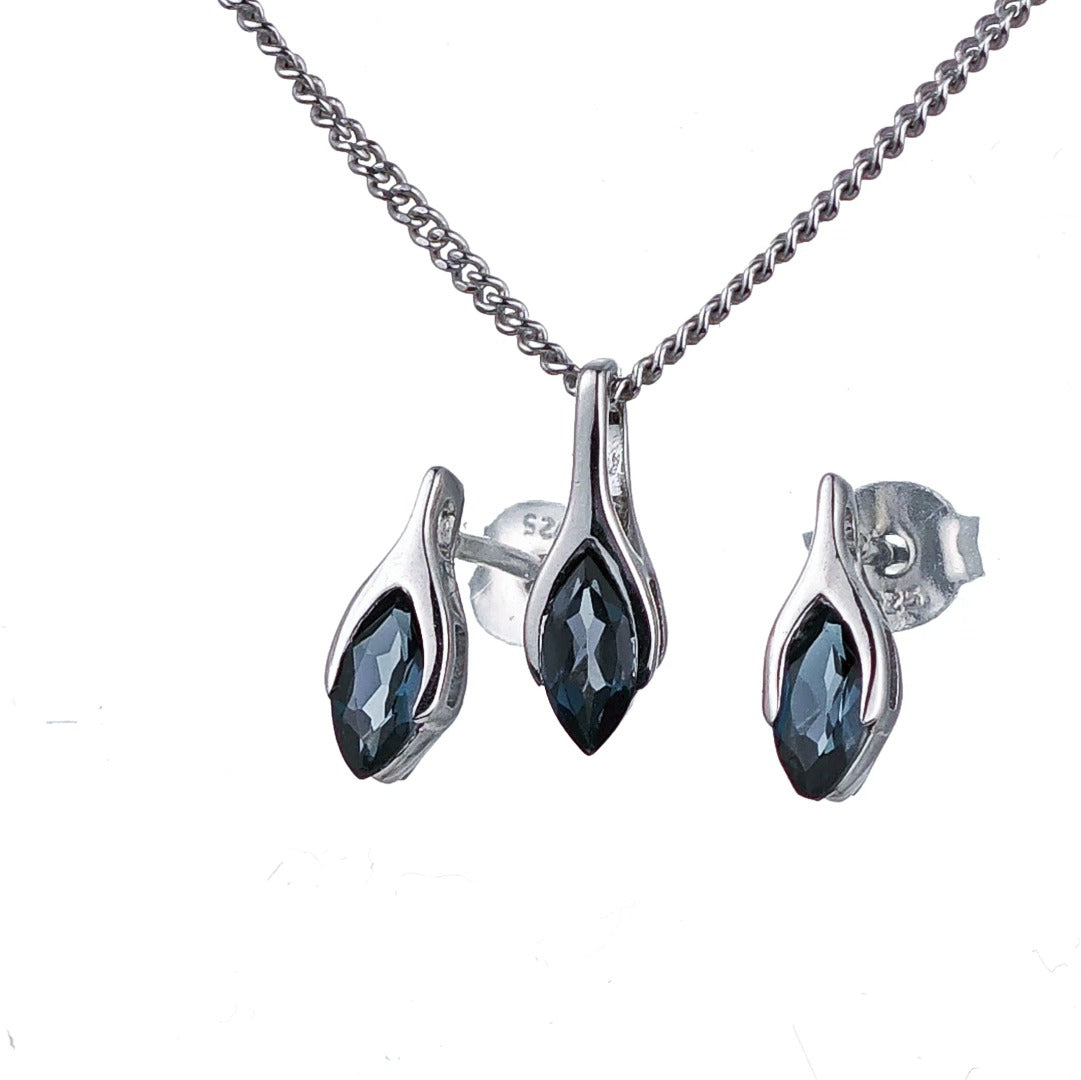 London Blue Topaz Set Necklace Earrings Sterling Silver Studs Minimalist Marquise