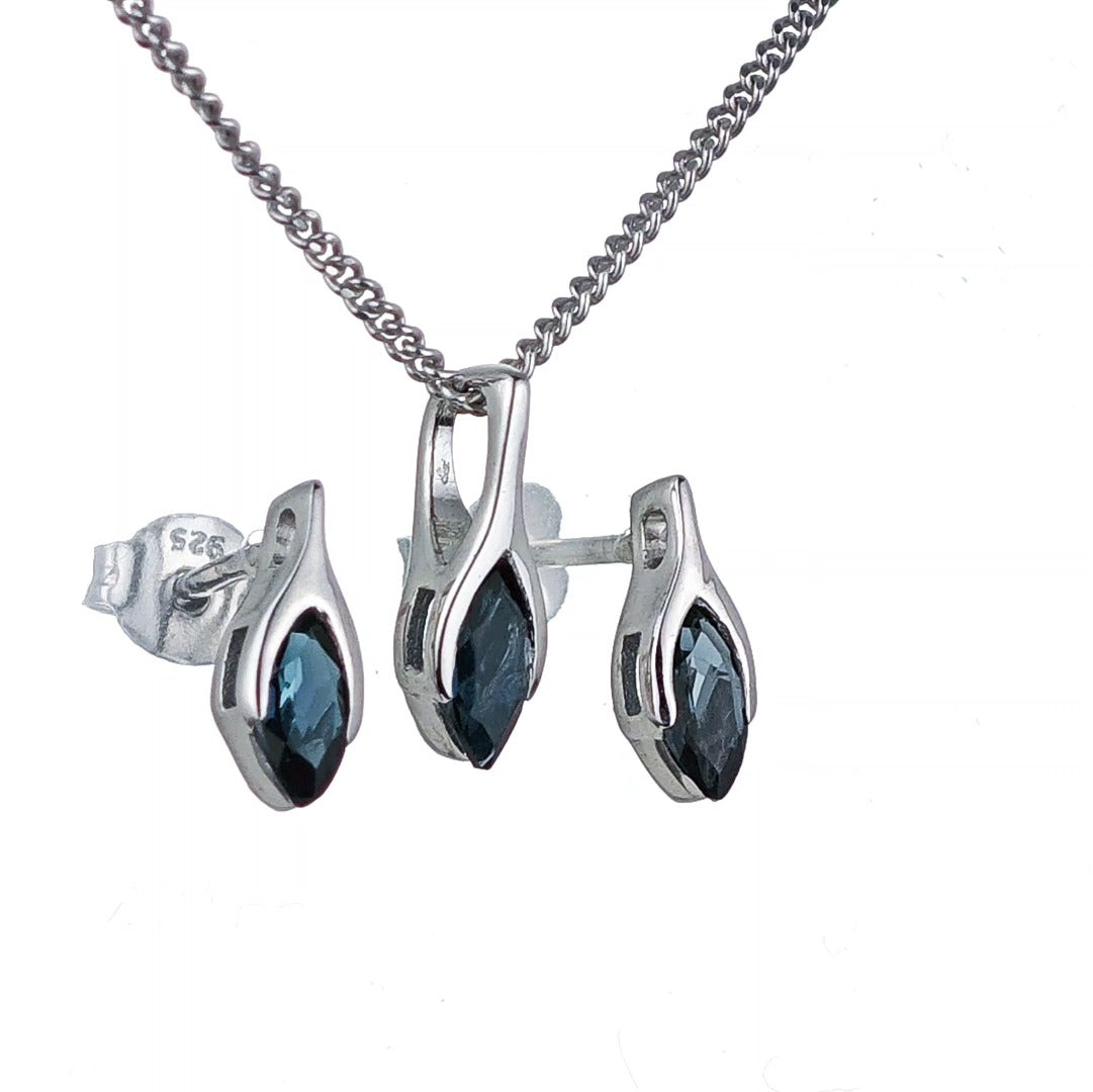 London Blue Topaz Set Necklace Earrings Sterling Silver Studs Minimalist Marquise