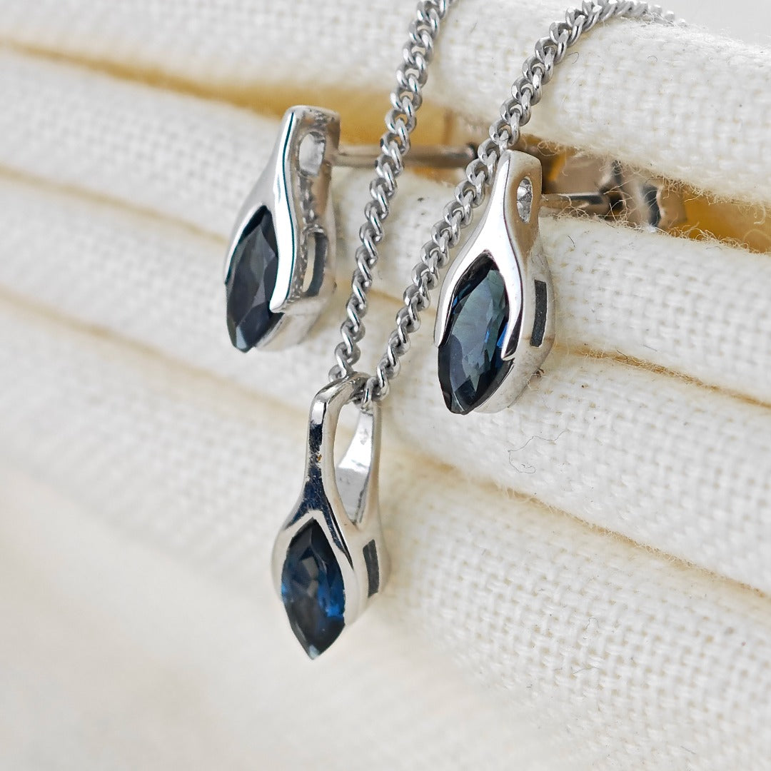 London Blue Topaz Set Necklace Earrings Sterling Silver Studs Minimalist Marquise