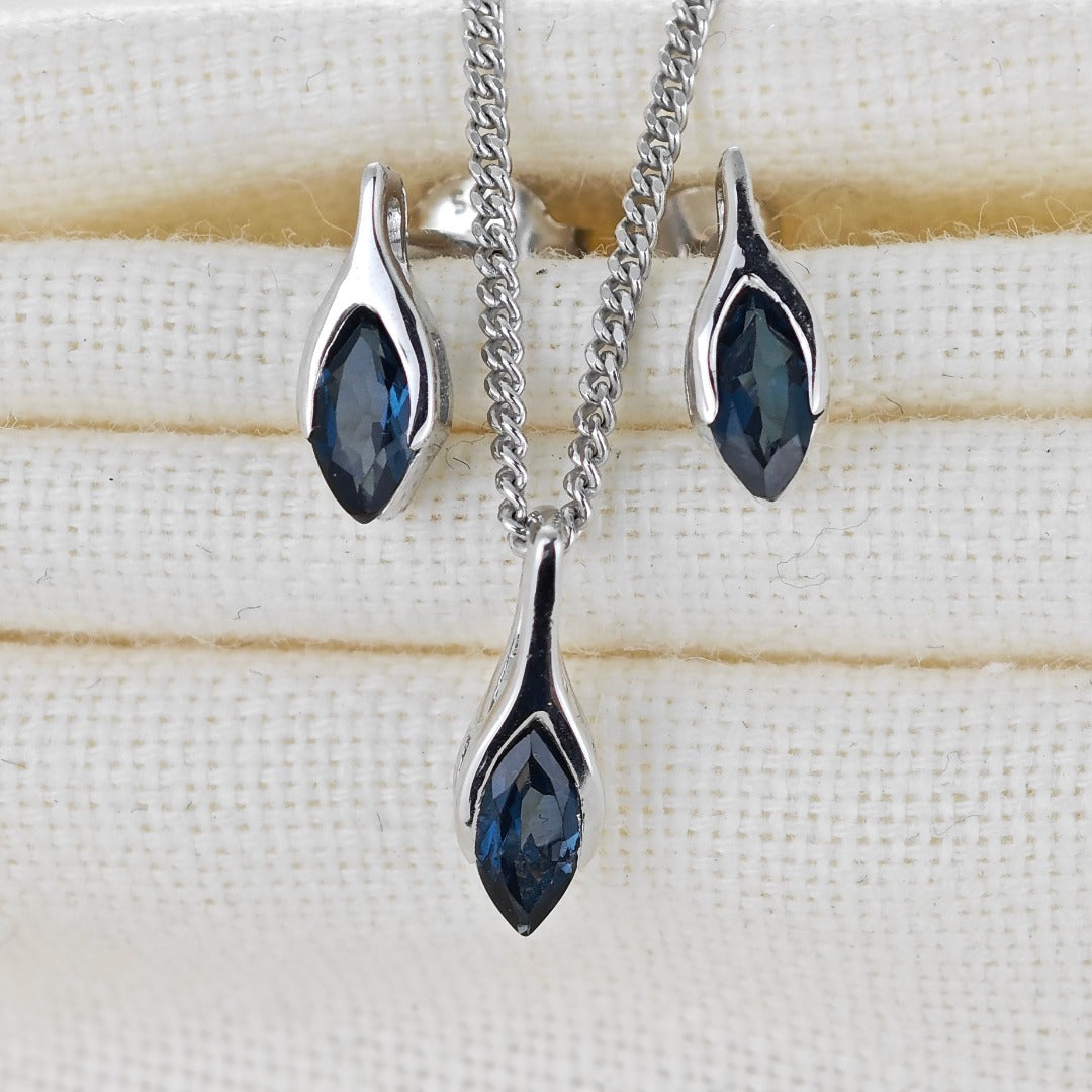 London Blue Topaz Set Necklace Earrings Sterling Silver Studs Minimalist Marquise