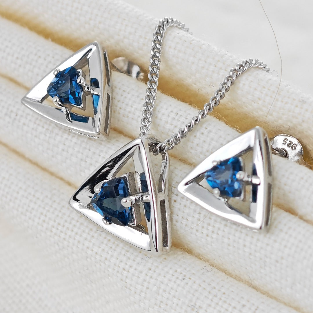 London Blue Topaz Set Pendant Earrings Sterling Silver Studs Trillion