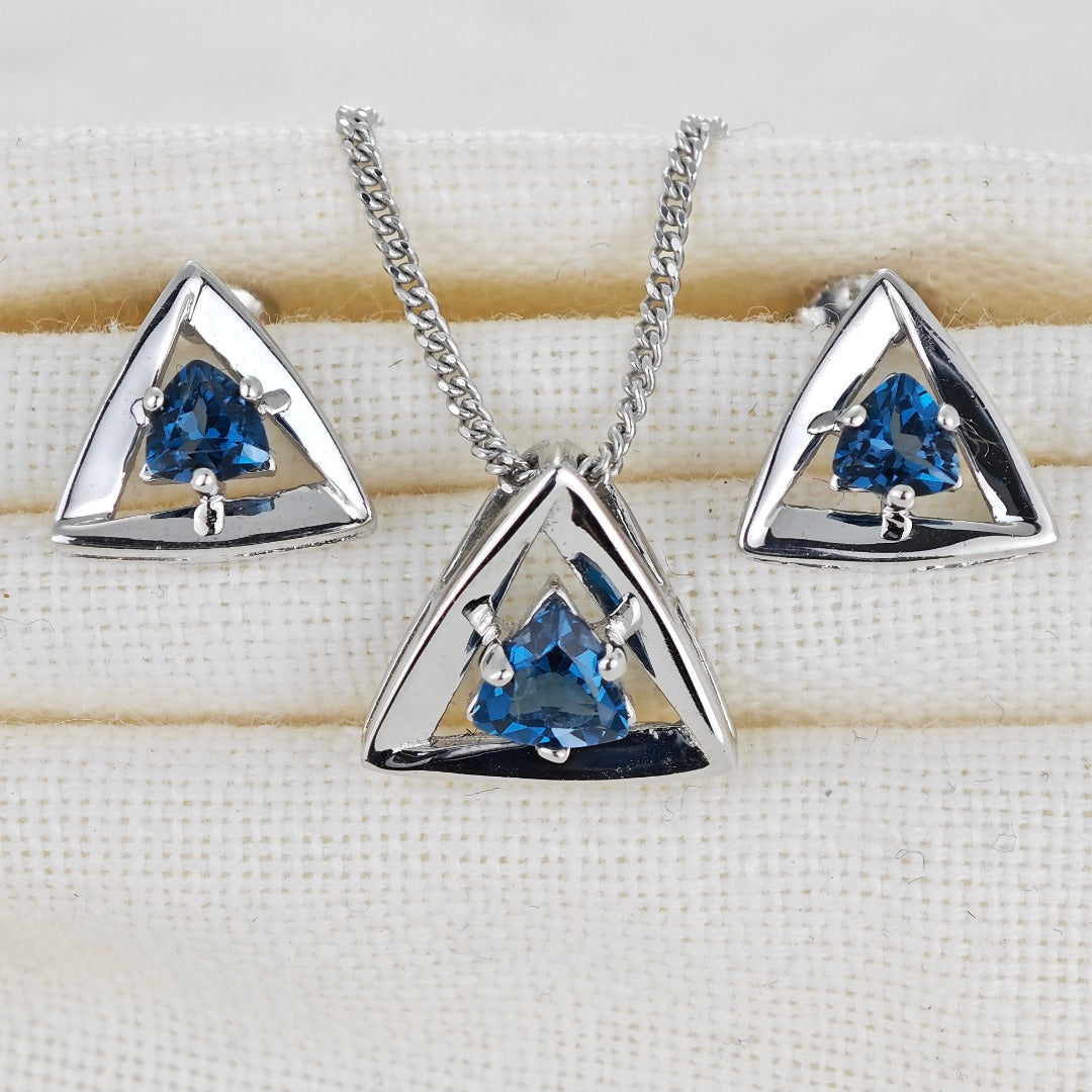 London Blue Topaz Set Pendant Earrings Sterling Silver Studs Trillion