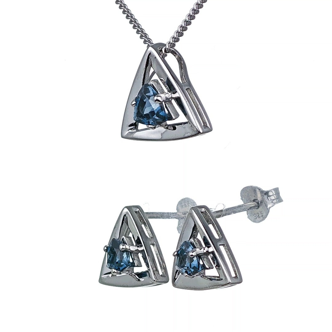 London Blue Topaz Set Pendant Earrings Sterling Silver Studs Trillion