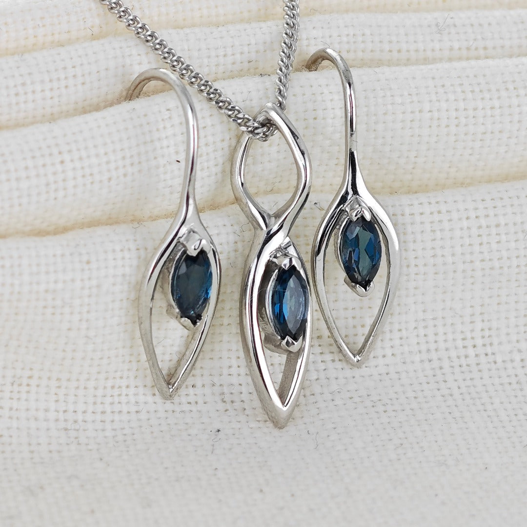 London Blue Topaz Set Earrings Pendant Sterling Silver Marquise Infinity Loop