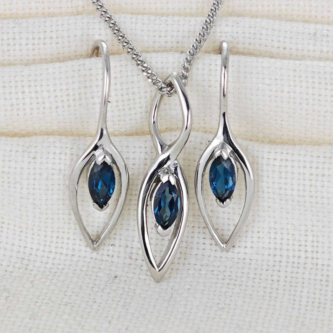 London Blue Topaz Set Earrings Pendant Sterling Silver Marquise Infinity Loop