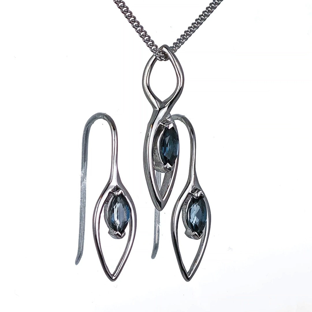 London Blue Topaz Set Earrings Pendant Sterling Silver Marquise Infinity Loop