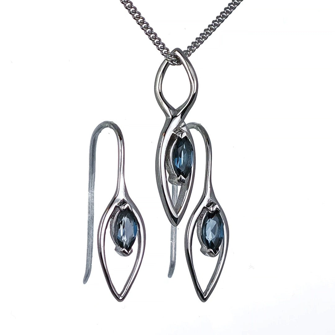 London Blue Topaz Set Earrings Pendant Sterling Silver Marquise Infinity Loop