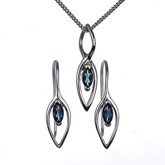 London Blue Topaz Set Earrings Pendant Sterling Silver Marquise Infinity Loop