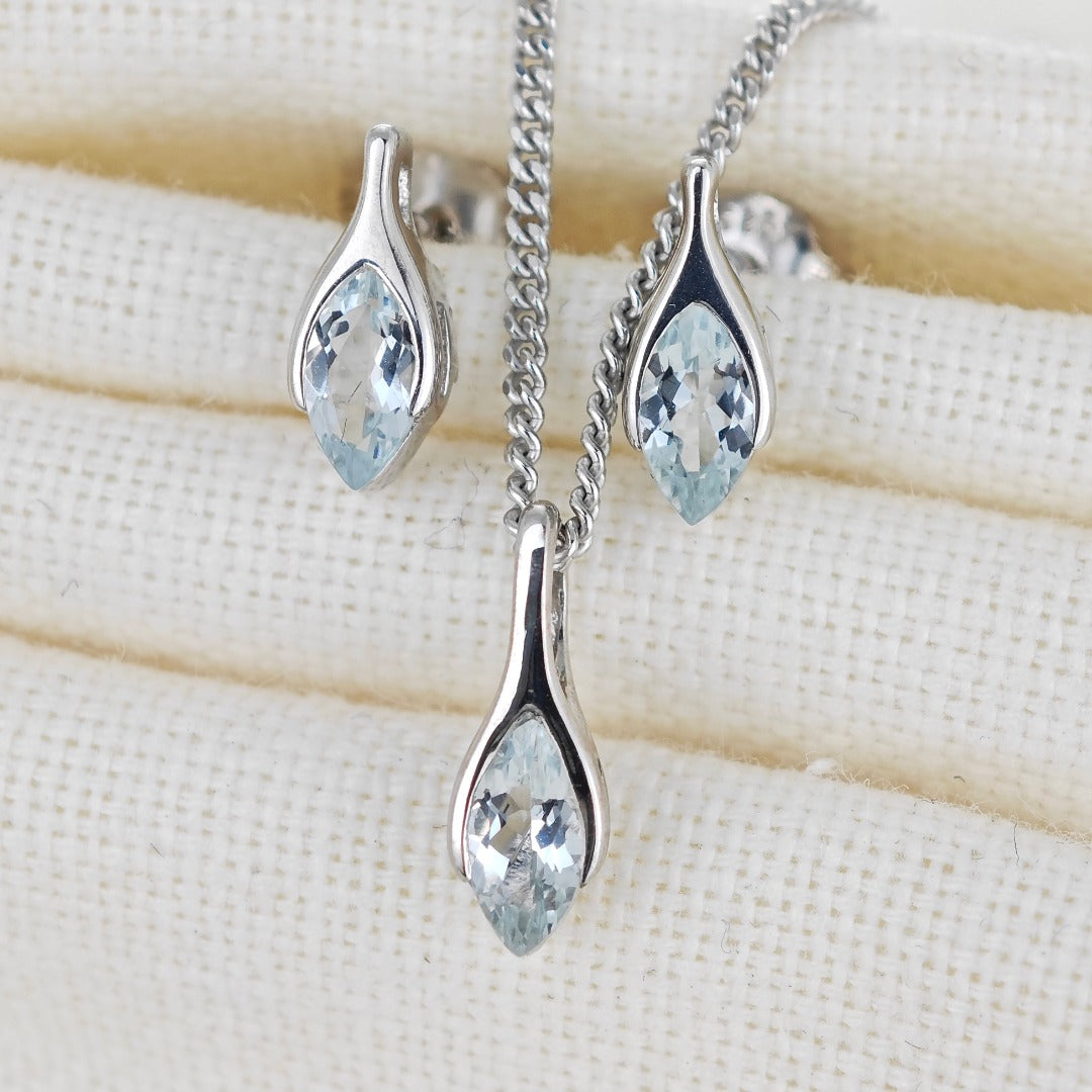 Aquamarine Set Necklace Earrings Sterling Silver Studs Minimalist Marquise