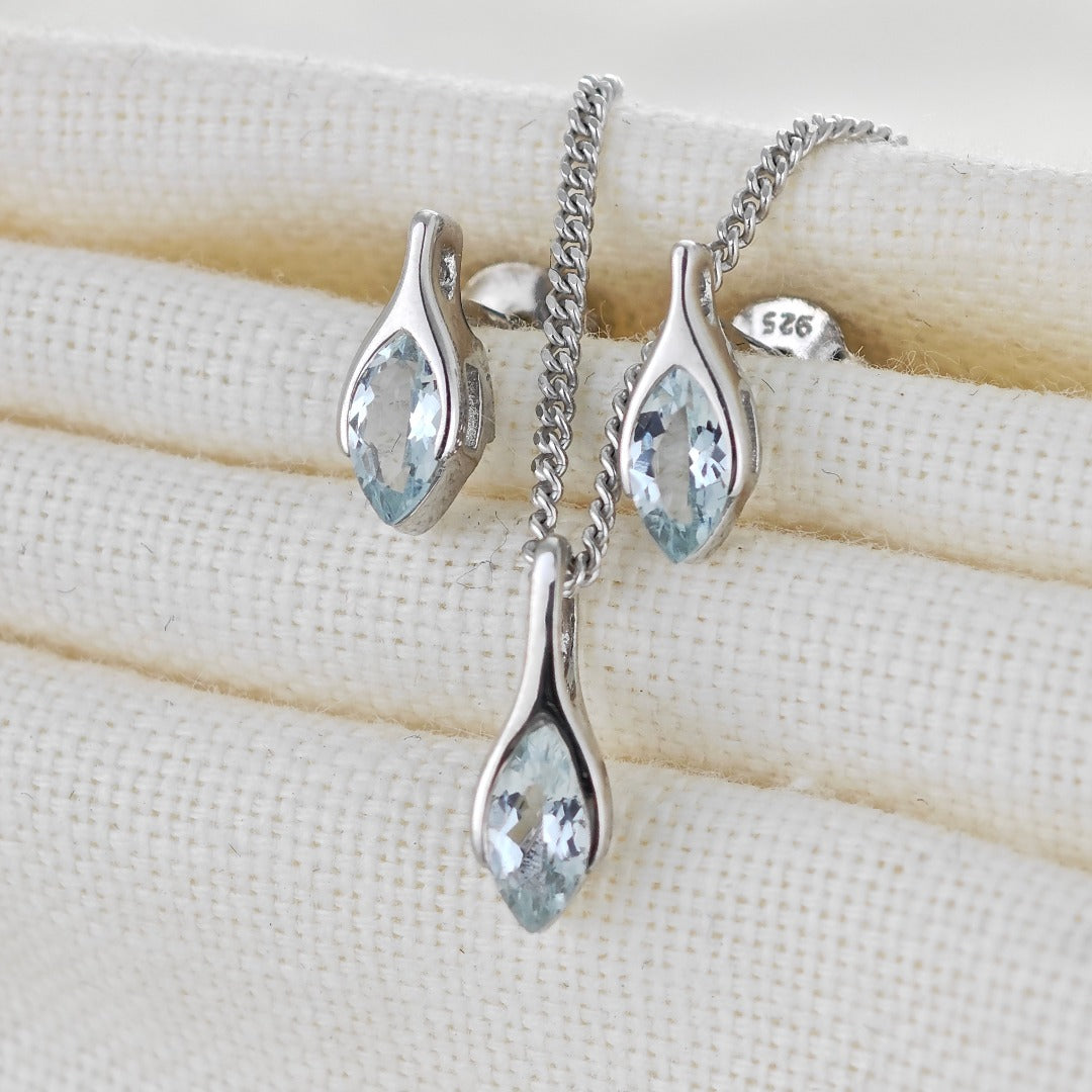 Aquamarine Set Necklace Earrings Sterling Silver Studs Minimalist Marquise