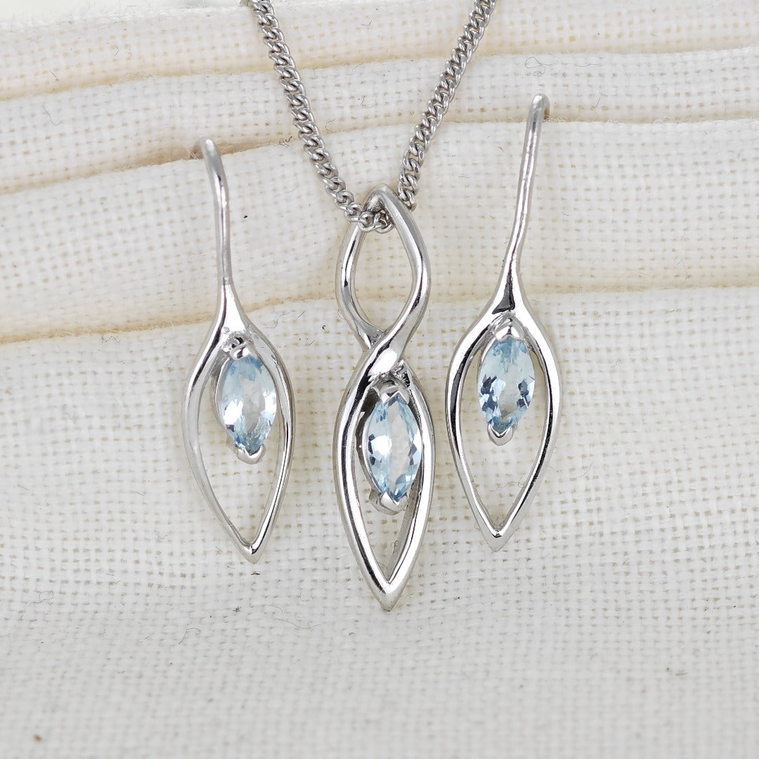 Aquamarine Set Earrings Pendant Sterling Silver Marquise Dangle