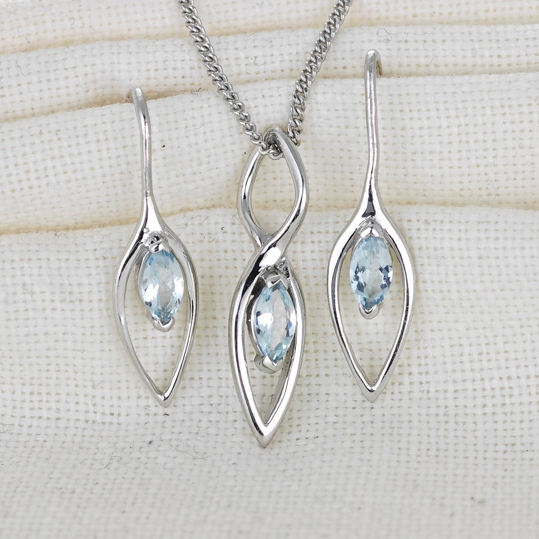 Aquamarine Set Earrings Pendant Sterling Silver Marquise Dangle