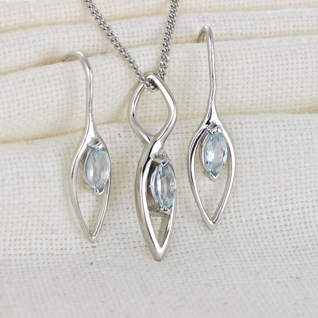 Aquamarine Set Earrings Pendant Sterling Silver Marquise Dangle