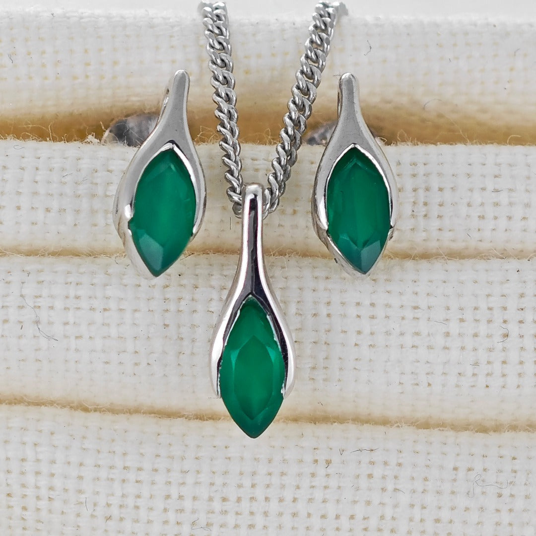 Onyx Green Set Necklace Earrings Sterling Silver Studs Minimalist Marquise