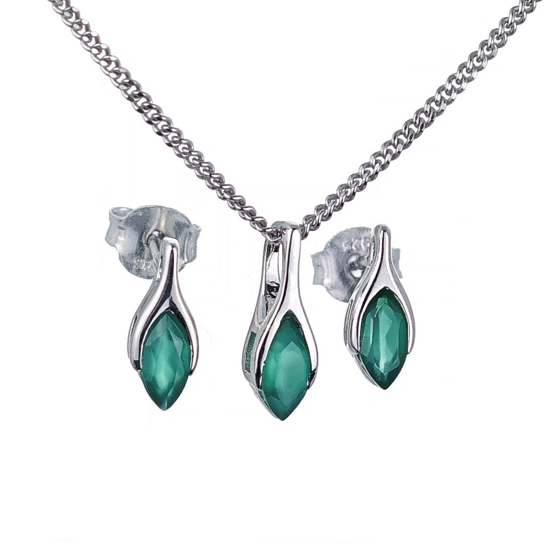 Onyx Green Set Necklace Earrings Sterling Silver Studs Minimalist Marquise