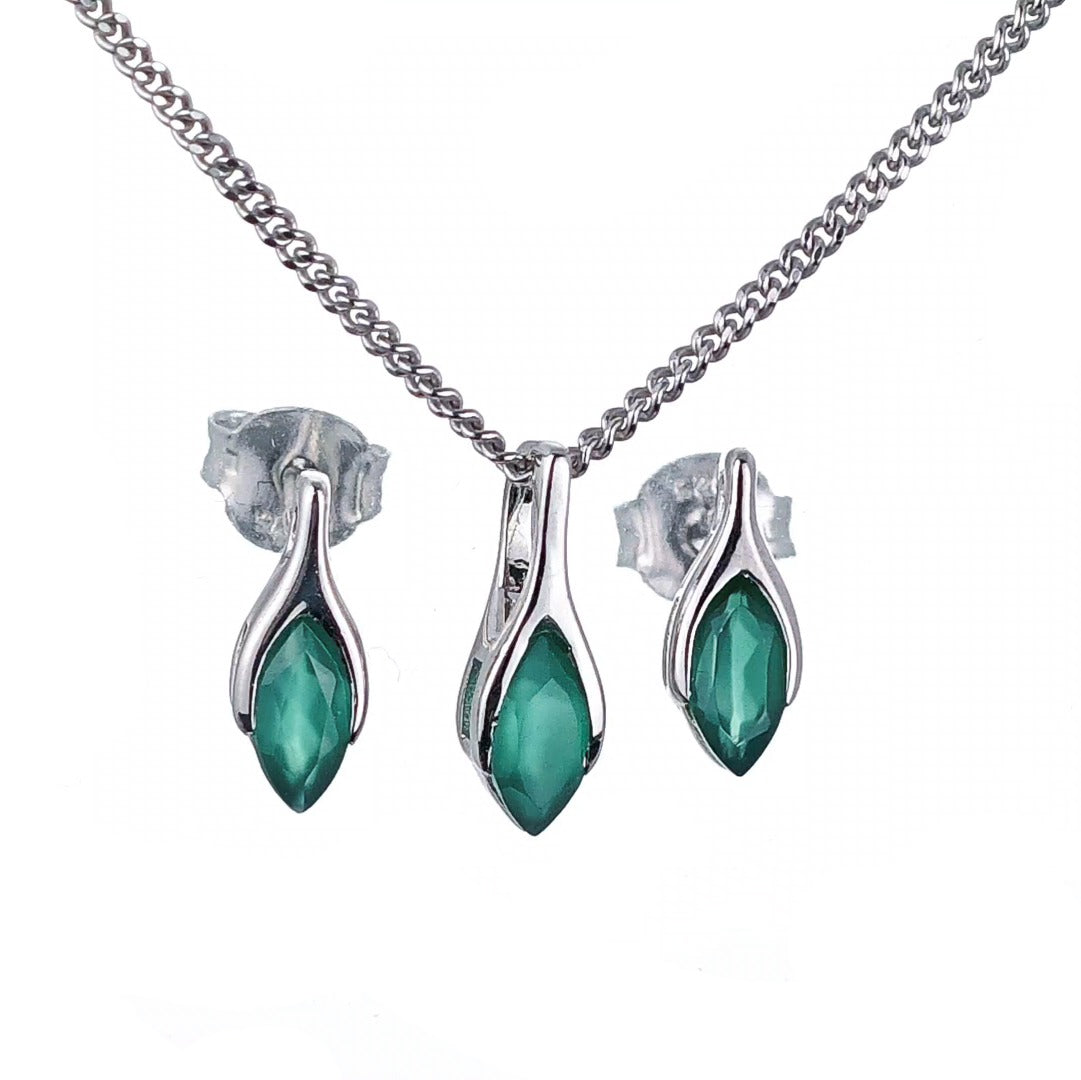 Onyx Green Set Necklace Earrings Sterling Silver Studs Minimalist Marquise