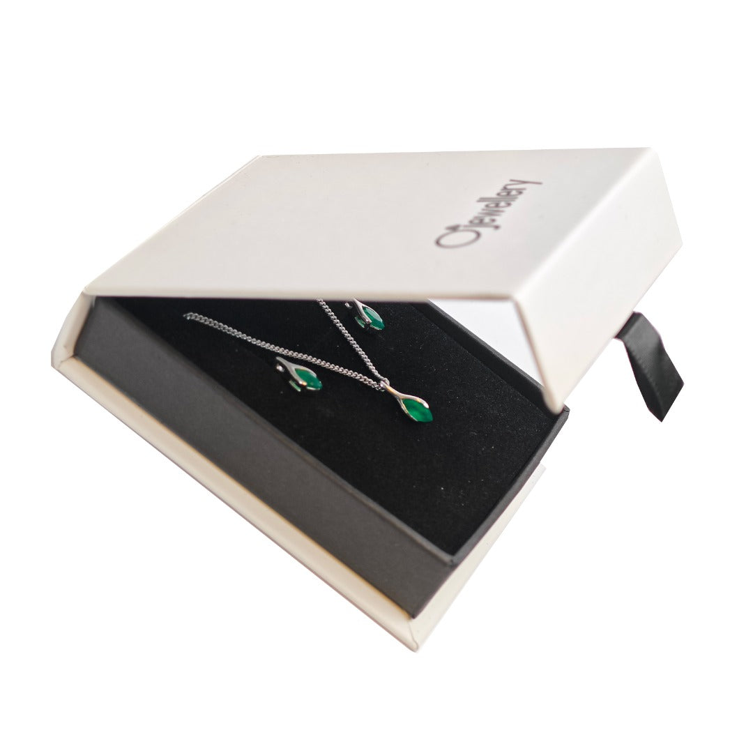 Onyx Green Set Necklace Earrings Sterling Silver Studs Minimalist Marquise