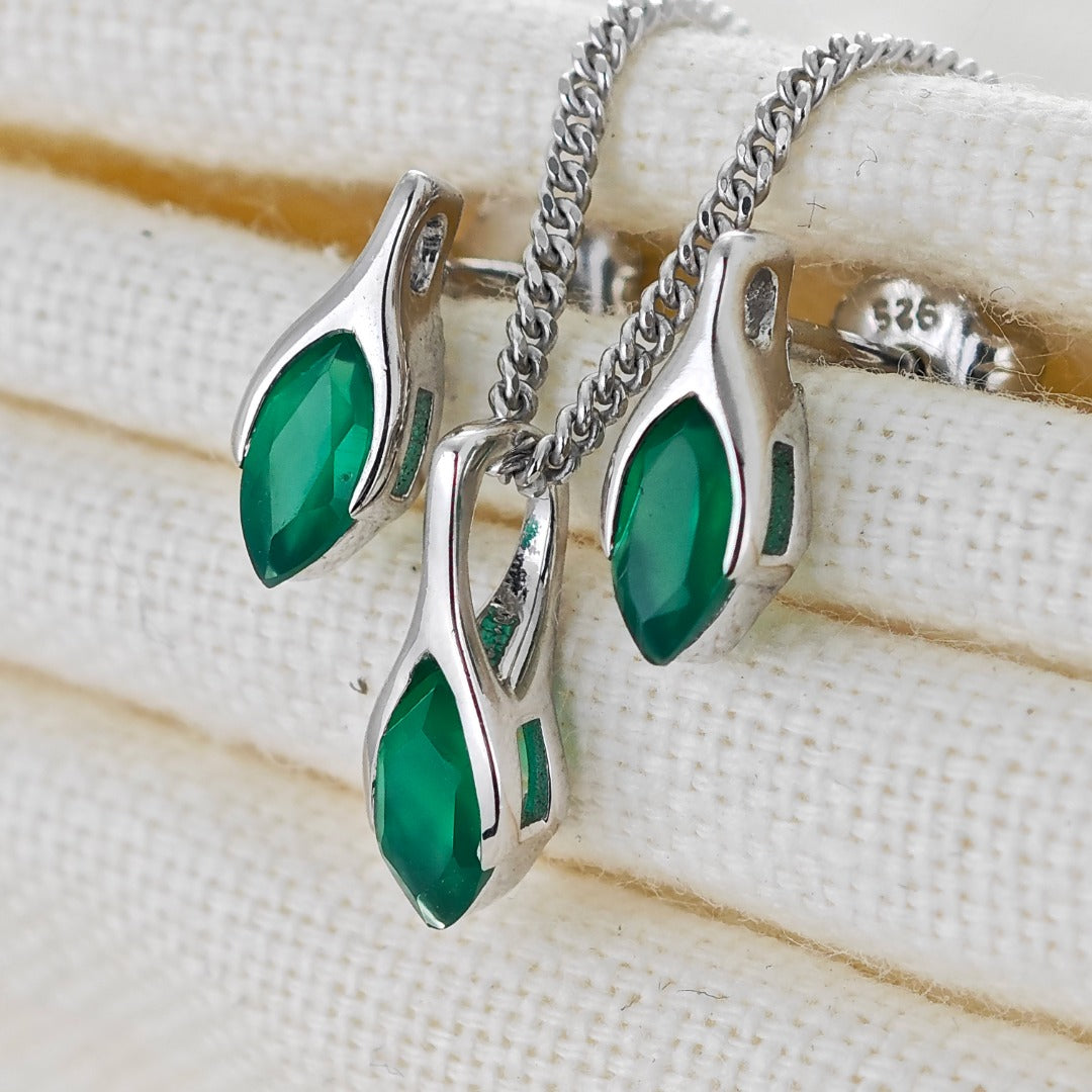 Onyx Green Set Necklace Earrings Sterling Silver Studs Minimalist Marquise