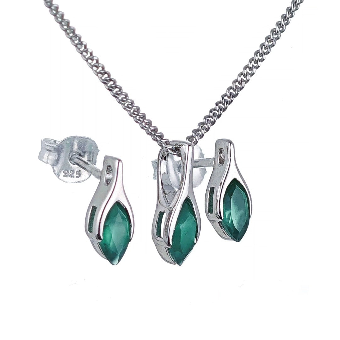 Onyx Green Set Necklace Earrings Sterling Silver Studs Minimalist Marquise