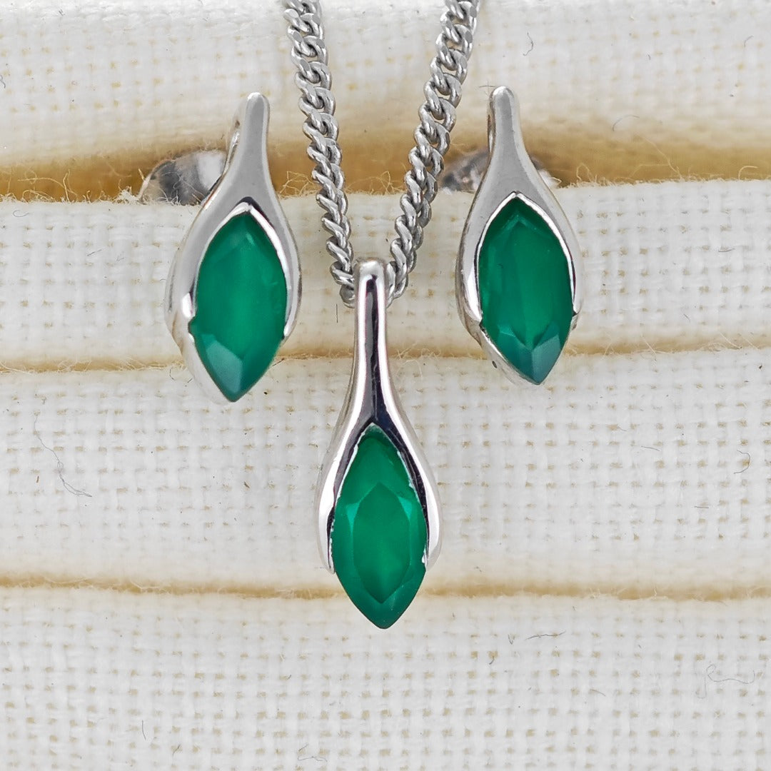 Onyx Green Set Necklace Earrings Sterling Silver Studs Minimalist Marquise