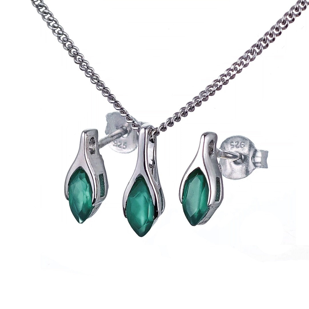 Onyx Green Set Necklace Earrings Sterling Silver Studs Minimalist Marquise