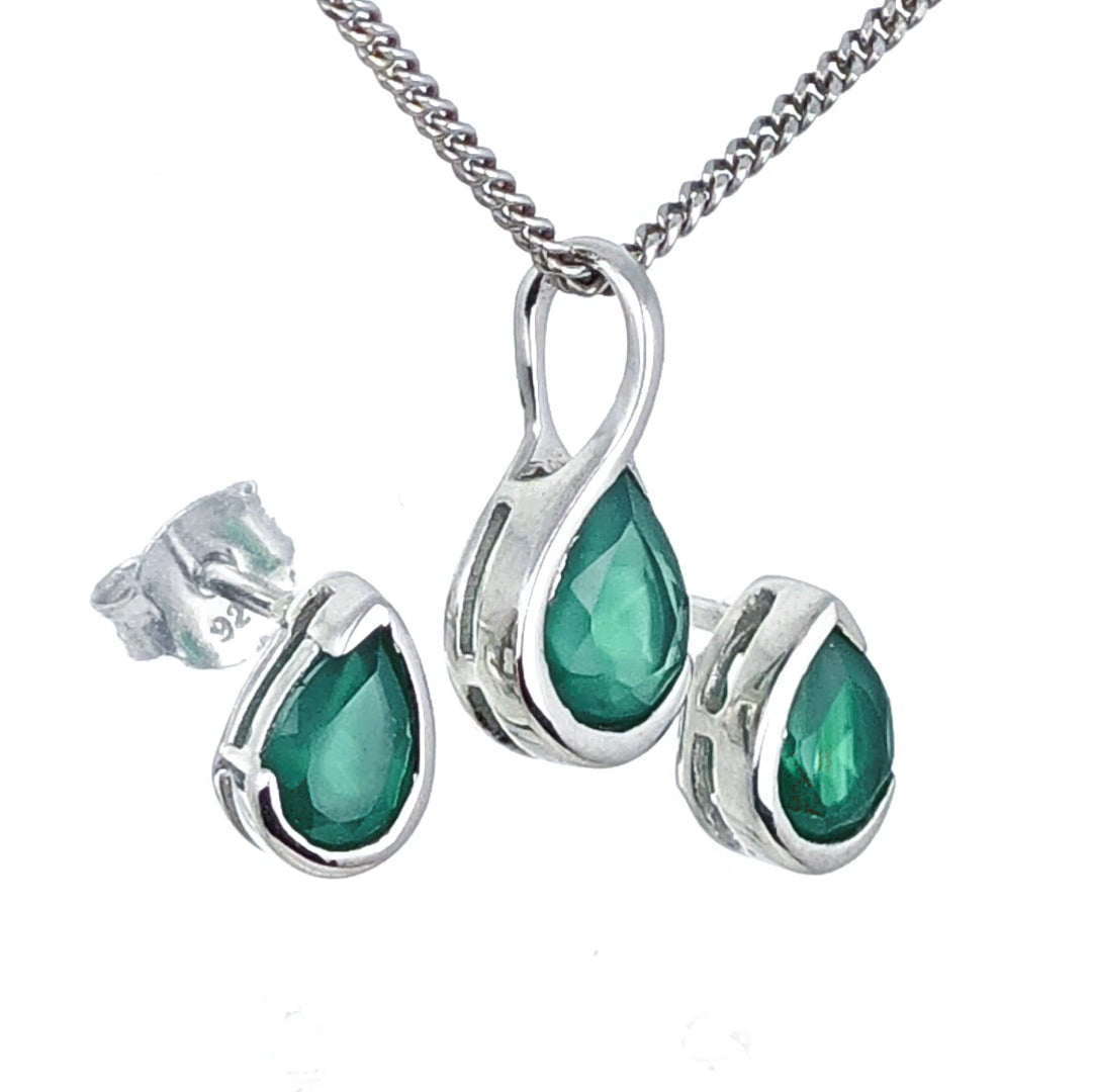 Elegant Green Onyx Pear Pendant and Earring Set