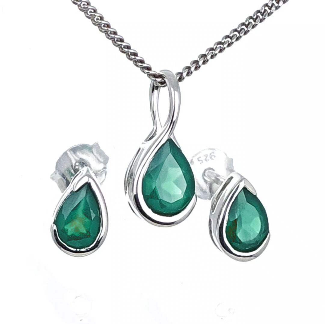 Elegant Green Onyx Pear Pendant and Earring Set