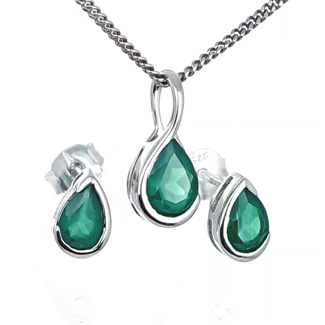 Elegant Green Onyx Pear Pendant and Earring Set