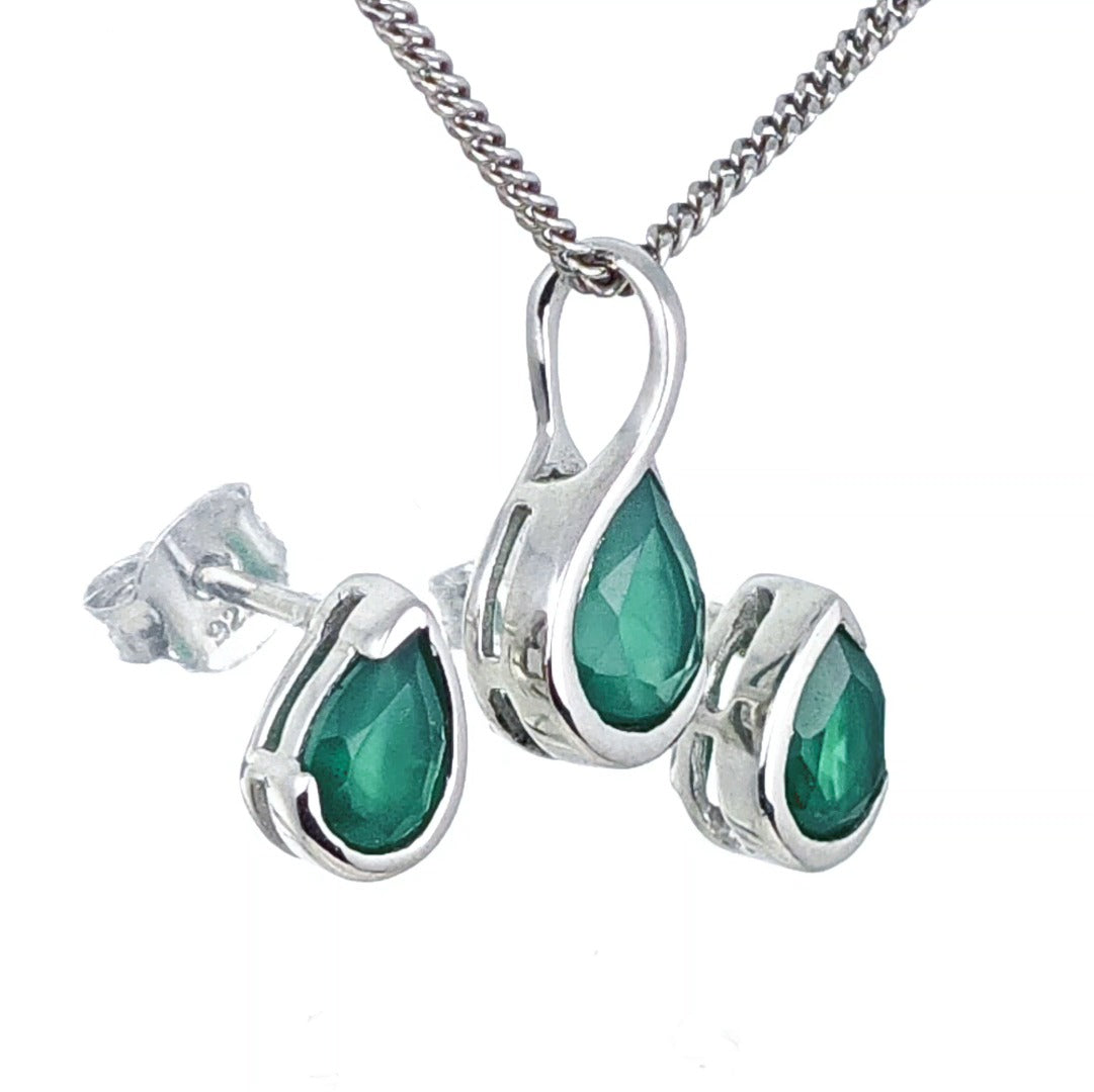 Elegant Green Onyx Pear Pendant and Earring Set