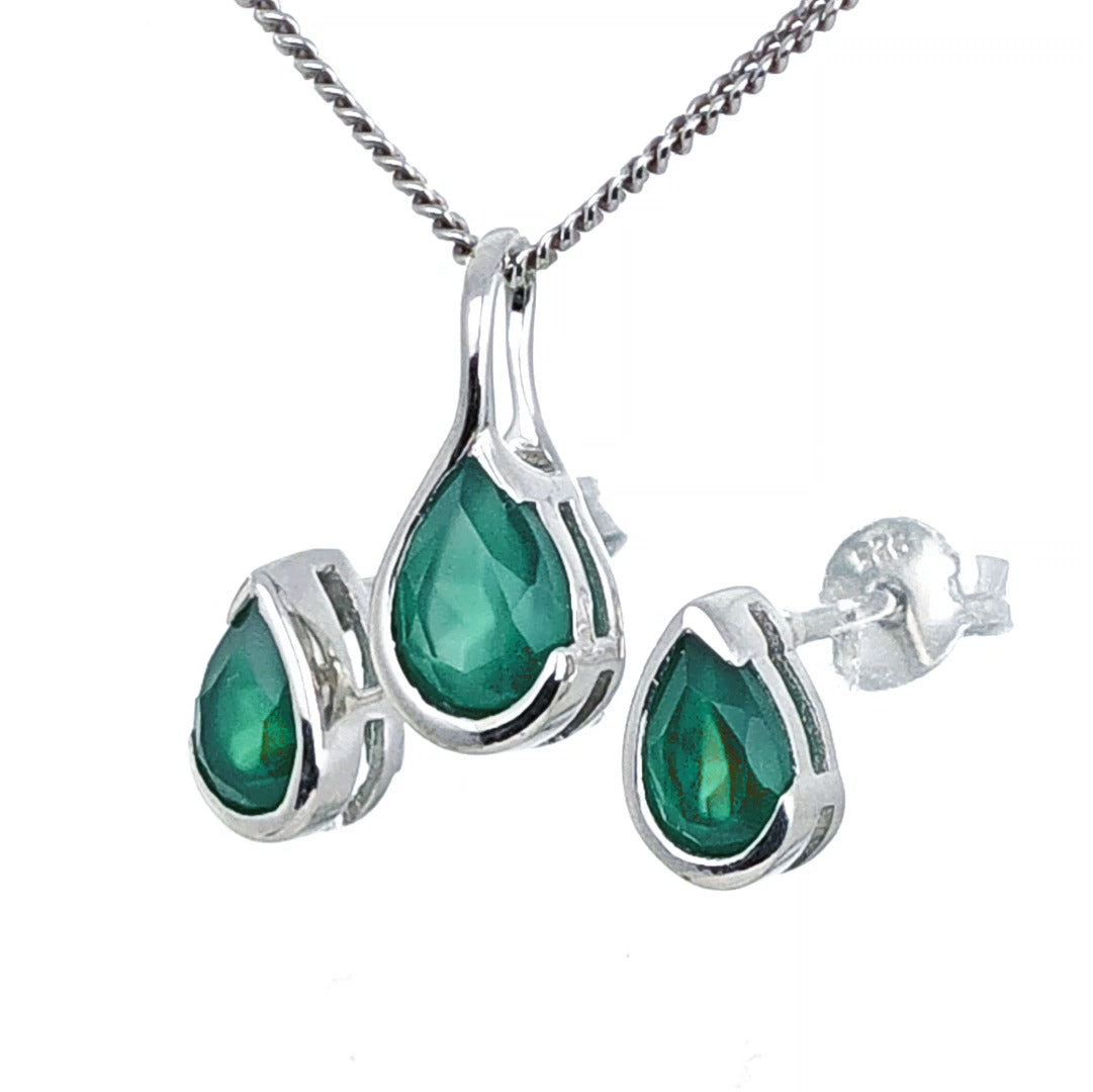 Elegant Green Onyx Pear Pendant and Earring Set