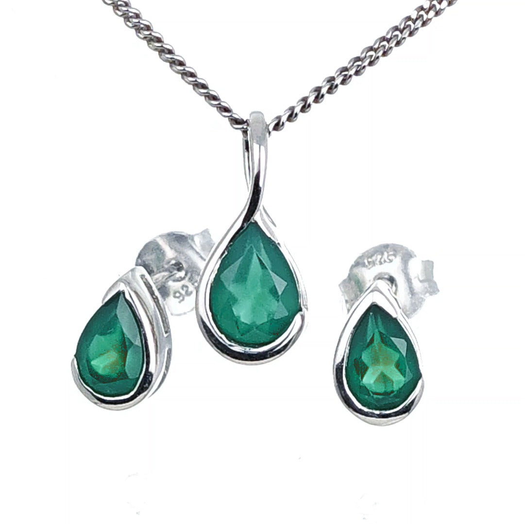 Elegant Green Onyx Pear Pendant and Earring Set