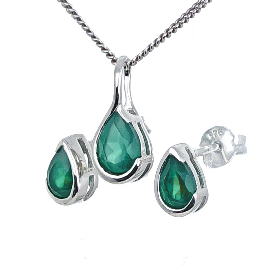 Elegant Green Onyx Pear Pendant and Earring Set