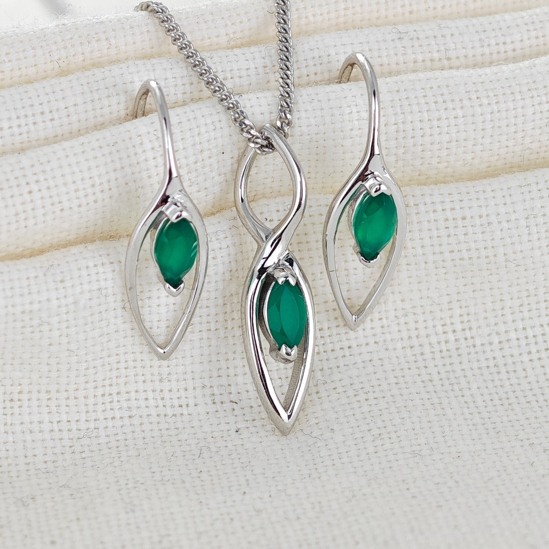 Onyx Green Set Earrings Pendant Sterling Silver Marquise Dangle