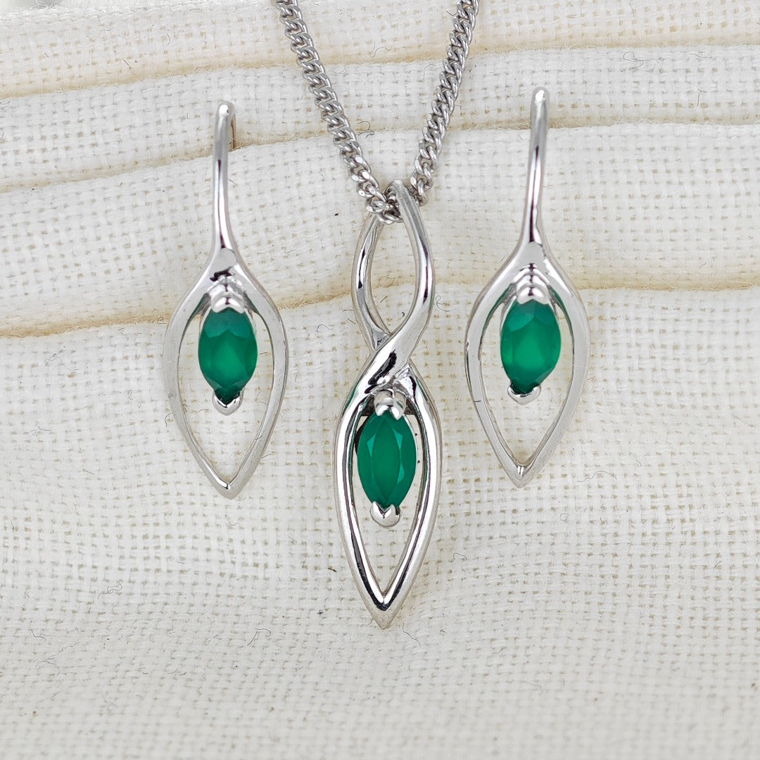 Onyx Green Set Earrings Pendant Sterling Silver Marquise Dangle