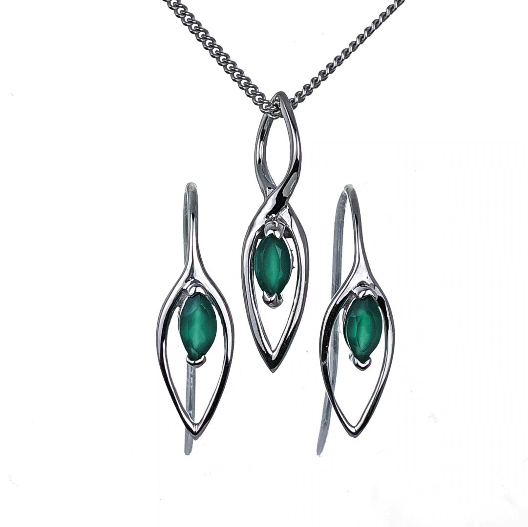 Onyx Green Set Earrings Pendant Sterling Silver Marquise Dangle