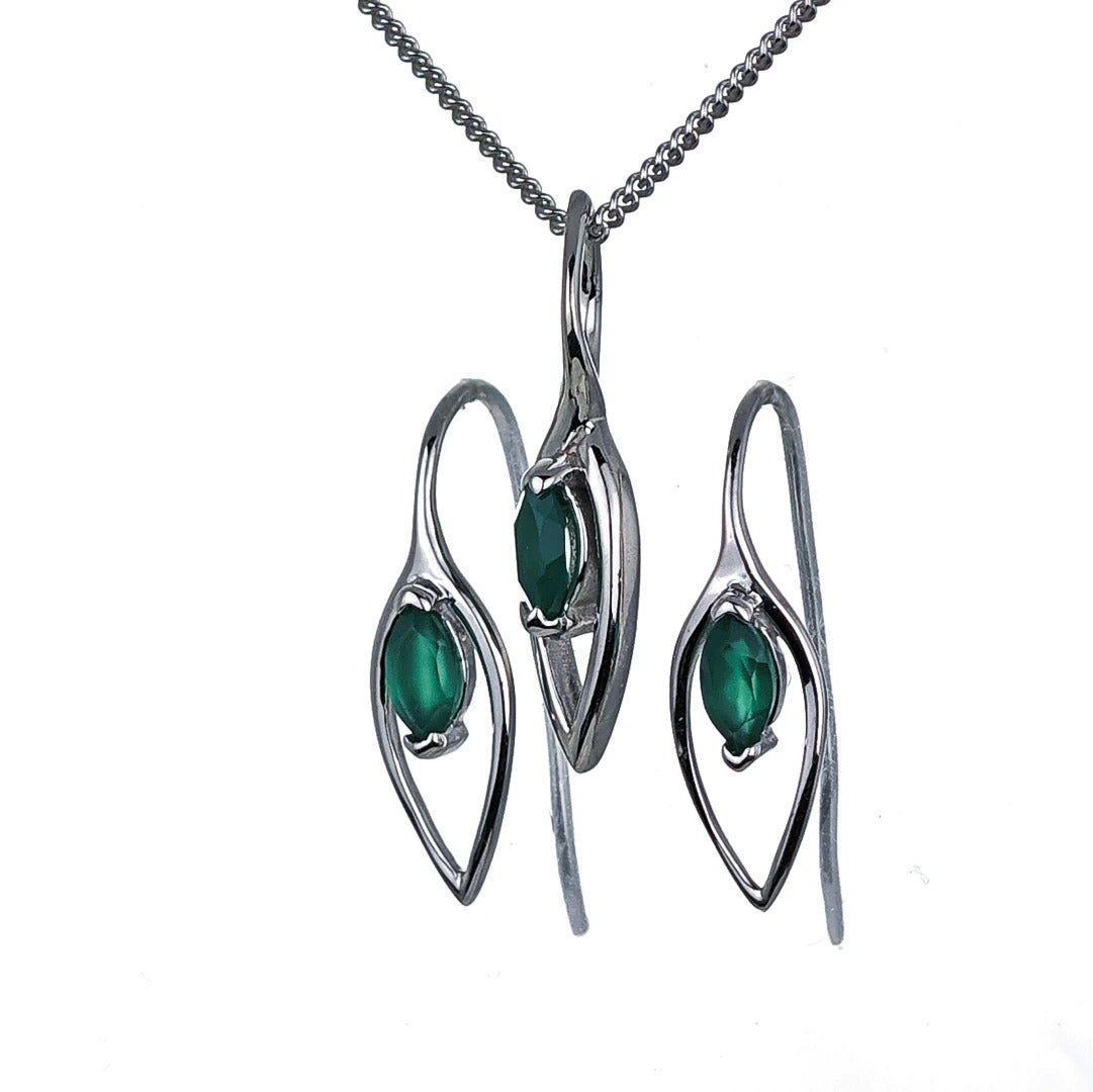 Onyx Green Set Earrings Pendant Sterling Silver Marquise Dangle