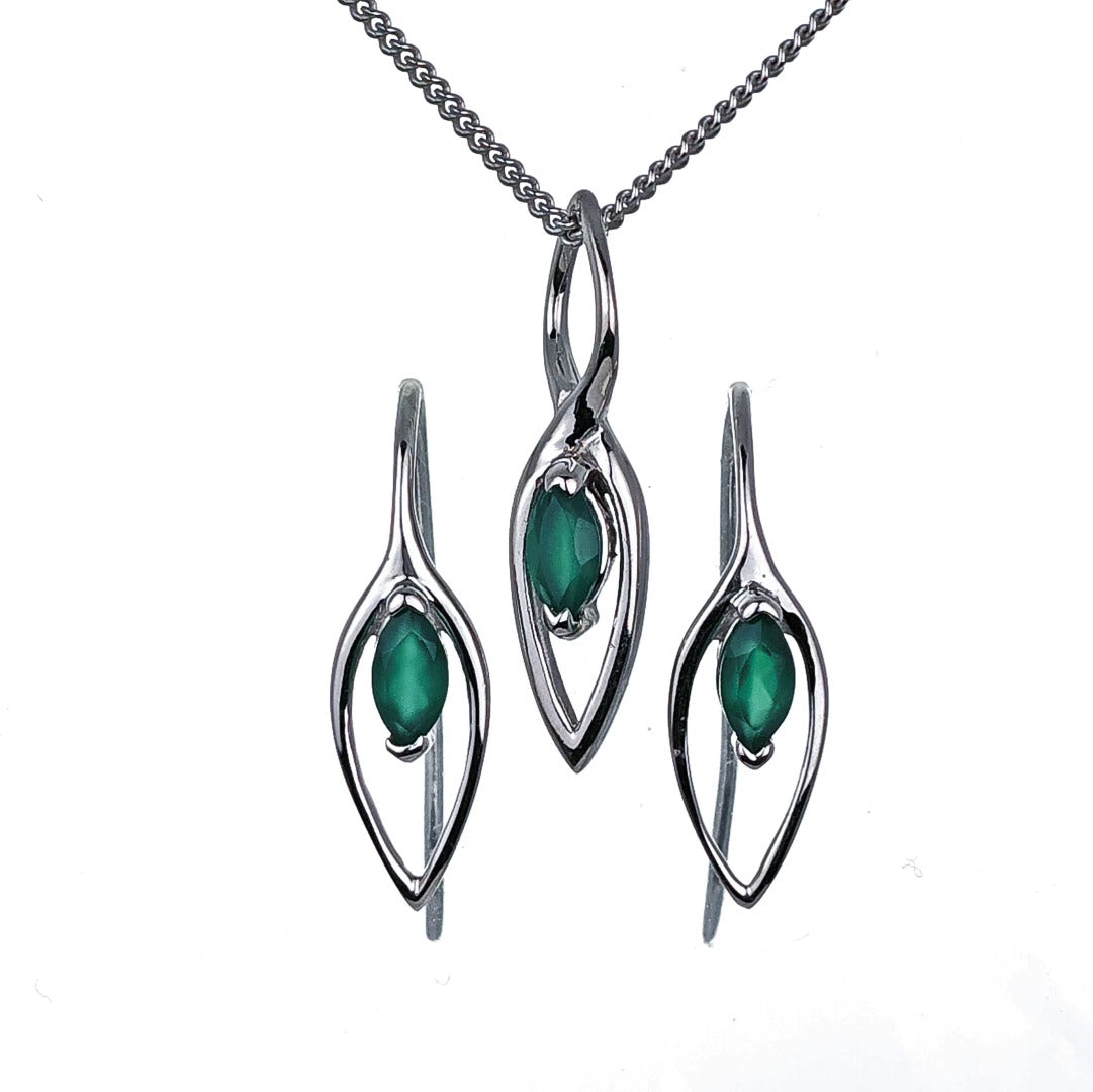 Onyx Green Set Earrings Pendant Sterling Silver Marquise Dangle