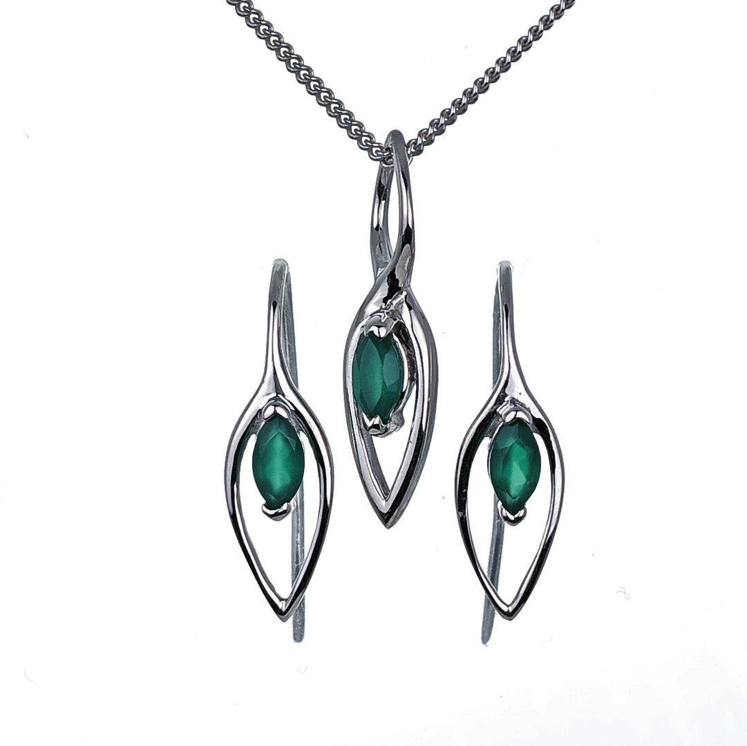 Onyx Green Set Earrings Pendant Sterling Silver Marquise Dangle