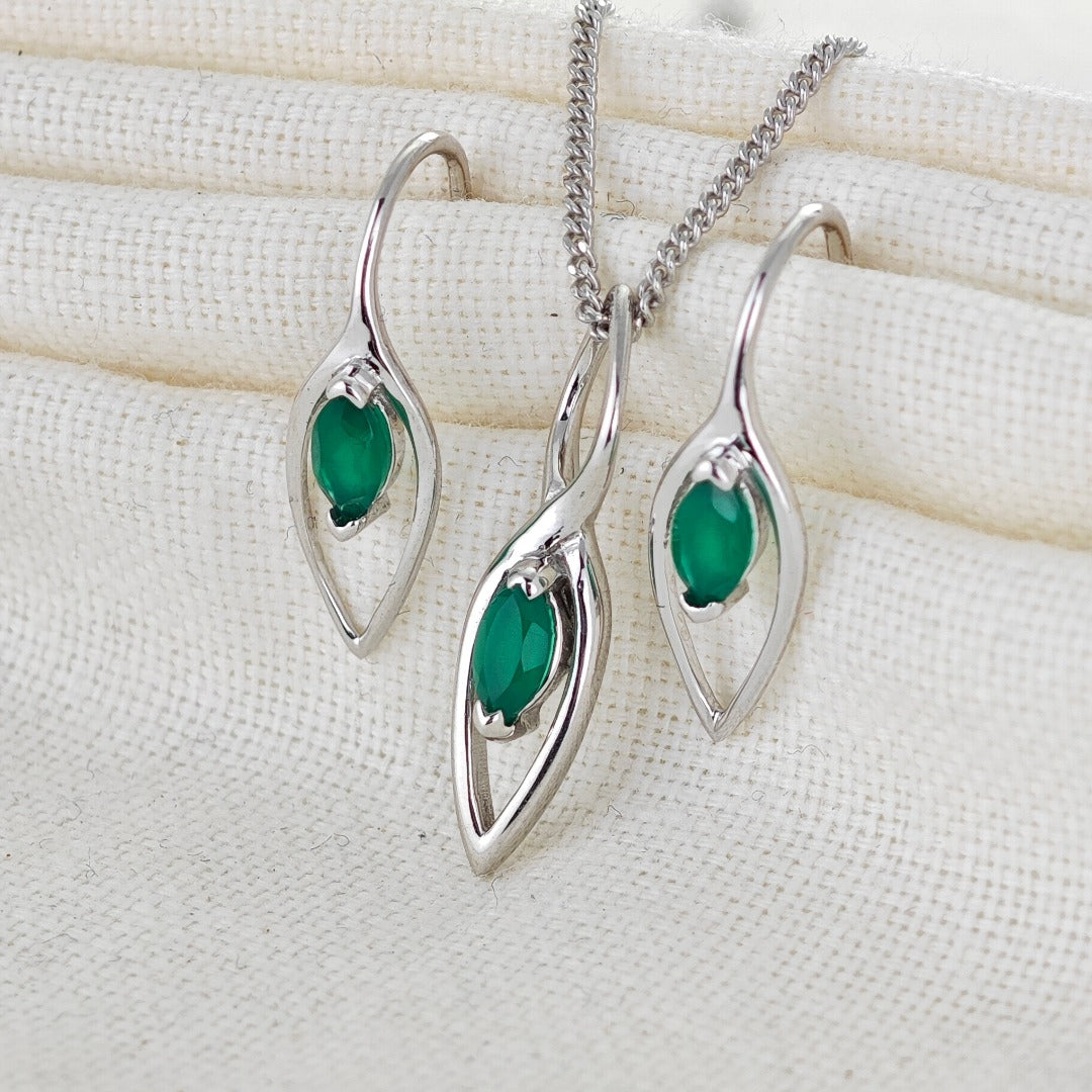 Onyx Green Set Earrings Pendant Sterling Silver Marquise Dangle