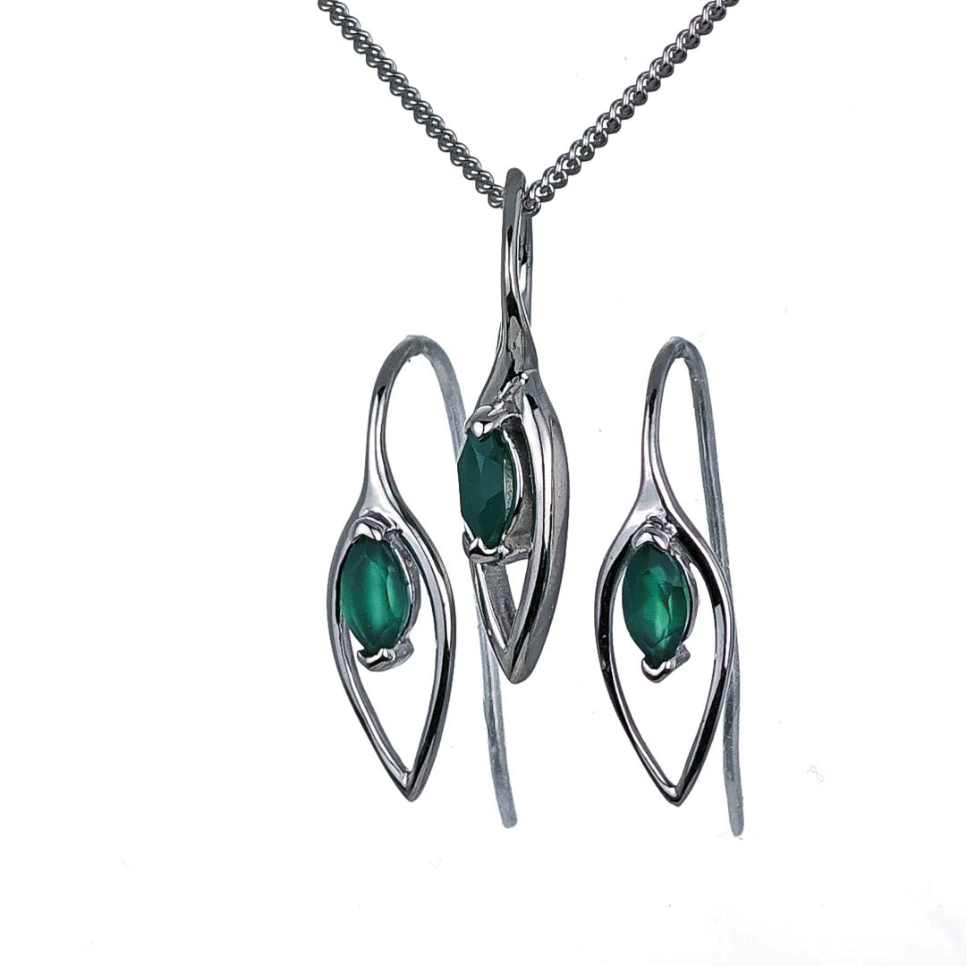 Onyx Green Set Earrings Pendant Sterling Silver Marquise Dangle