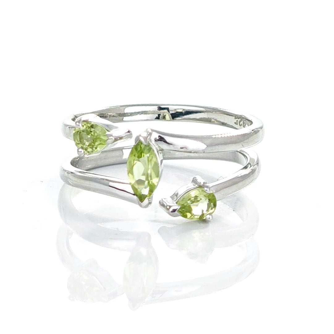 Peridot Ring Sterling Silver Adjustable Marquise Trilogy