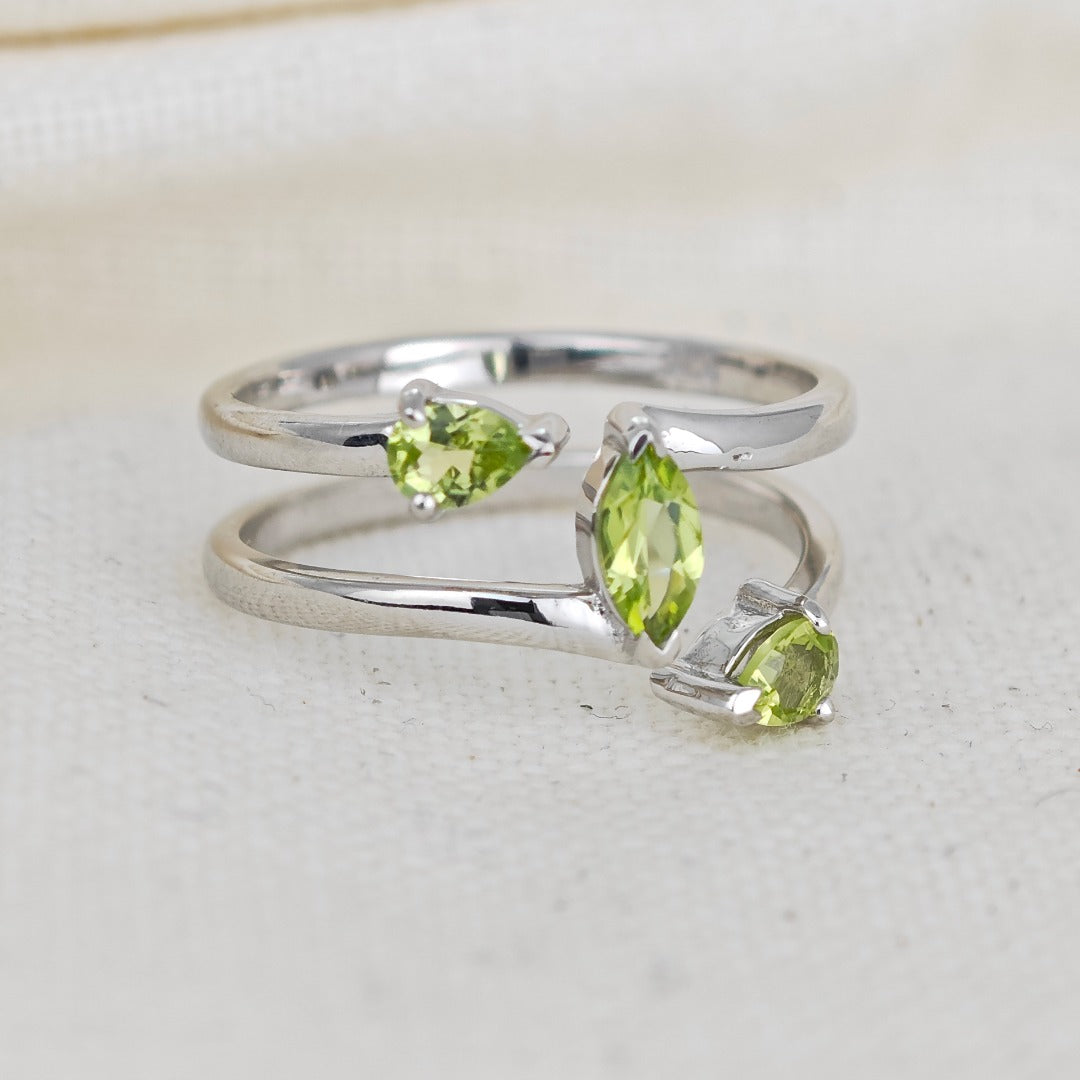 Peridot Ring Sterling Silver Adjustable Marquise Trilogy