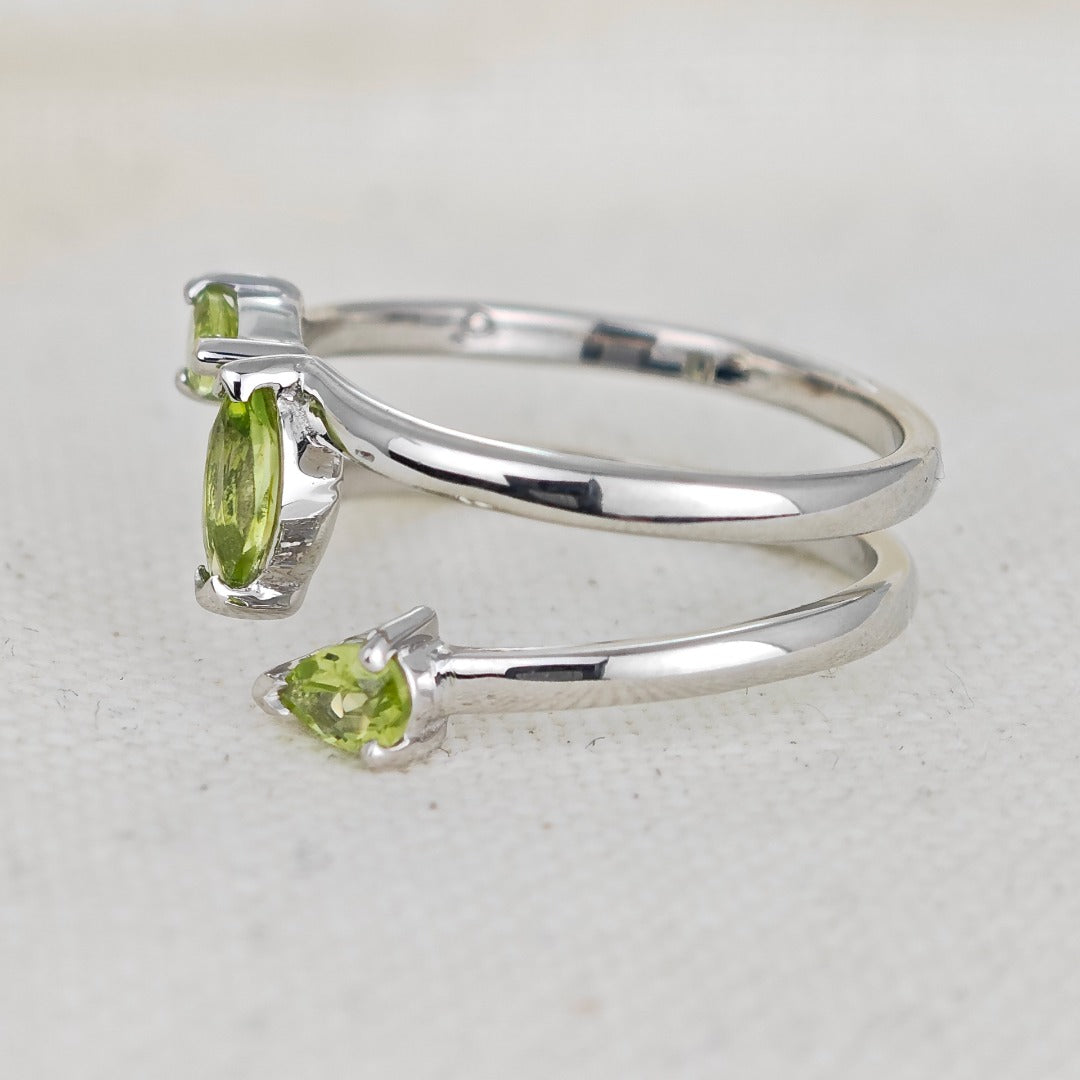 Peridot Ring Sterling Silver Adjustable Marquise Trilogy