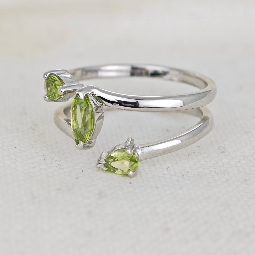 Peridot Ring Sterling Silver Adjustable Marquise Trilogy