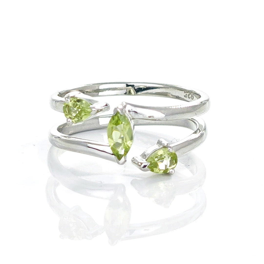 Peridot Ring Sterling Silver Adjustable Marquise Trilogy