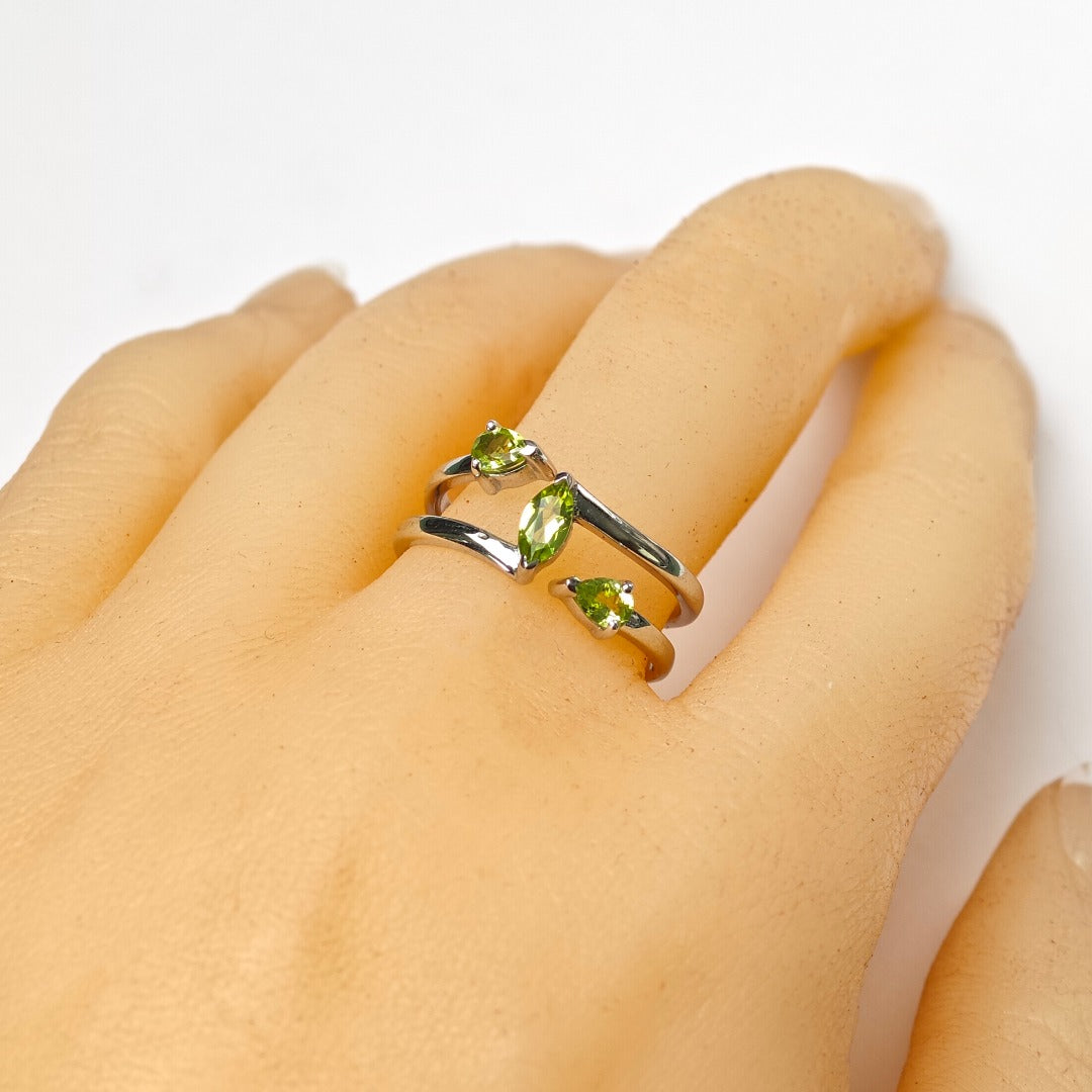 Peridot Ring Sterling Silver Adjustable Marquise Trilogy