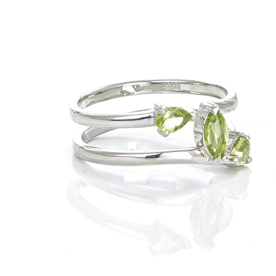 Peridot Ring Sterling Silver Adjustable Marquise Trilogy