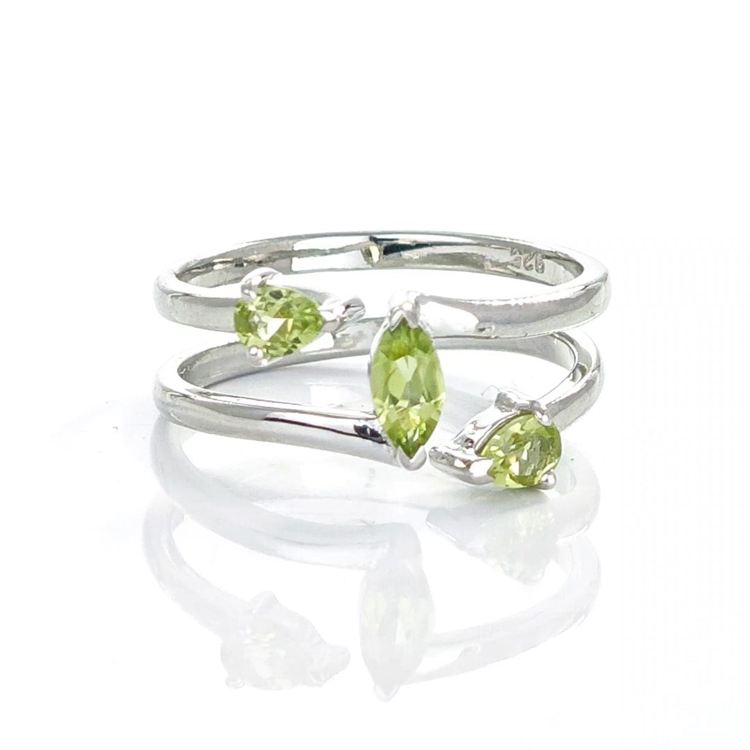 Peridot Ring Sterling Silver Adjustable Marquise Trilogy